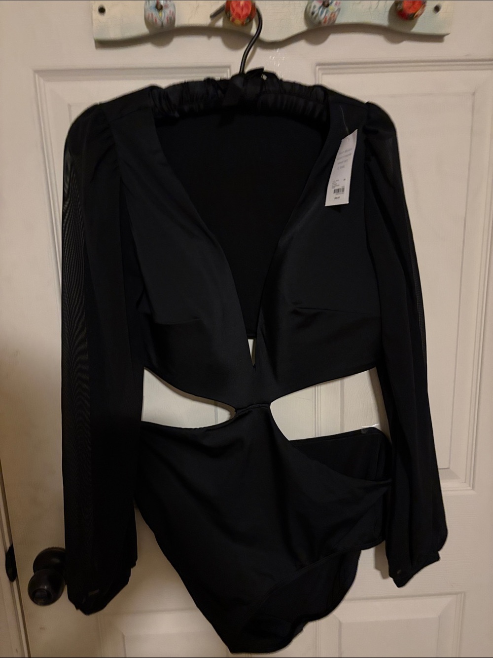 Black Long-Sleeve Cutout One-Piece Swimsuit by
